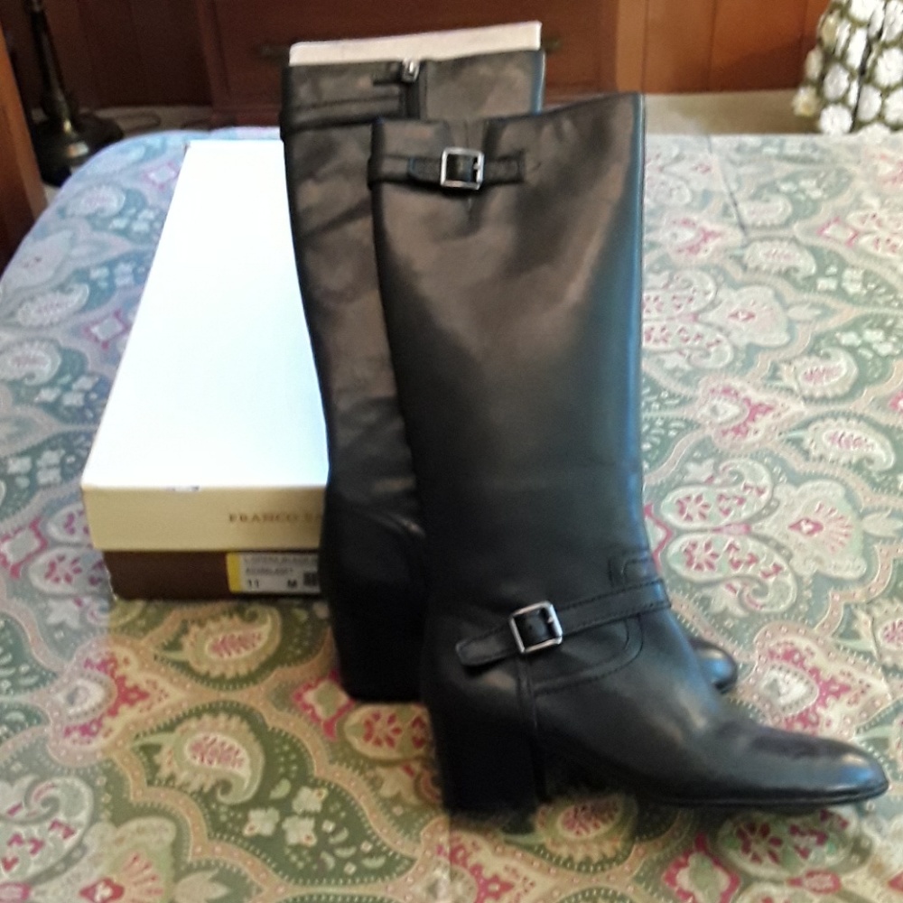 FRANCO SARTO,Black leather knee boots with buckles 2  1/2 heels